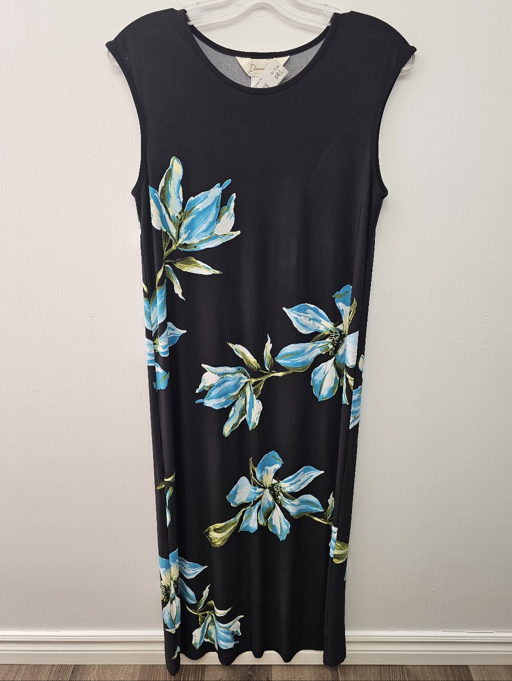 Sleeveless Black Maxi Dress with Blue Floral Print